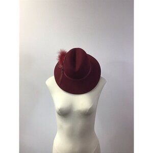 Vintage Lancaster Woman’s Red Hat 100% Wool With Feather Appliqué